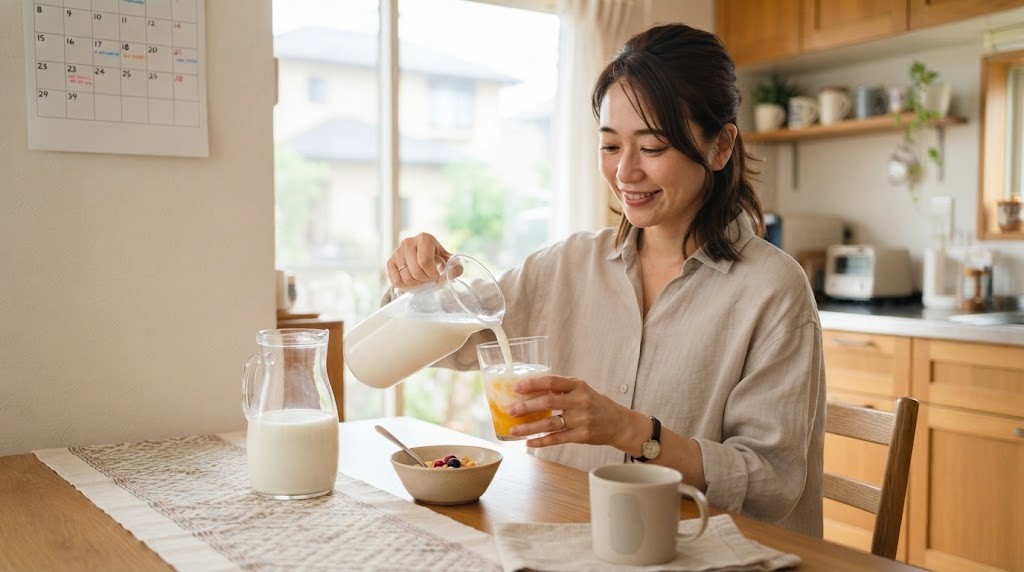 牛乳で割った飲み物を用意する女性